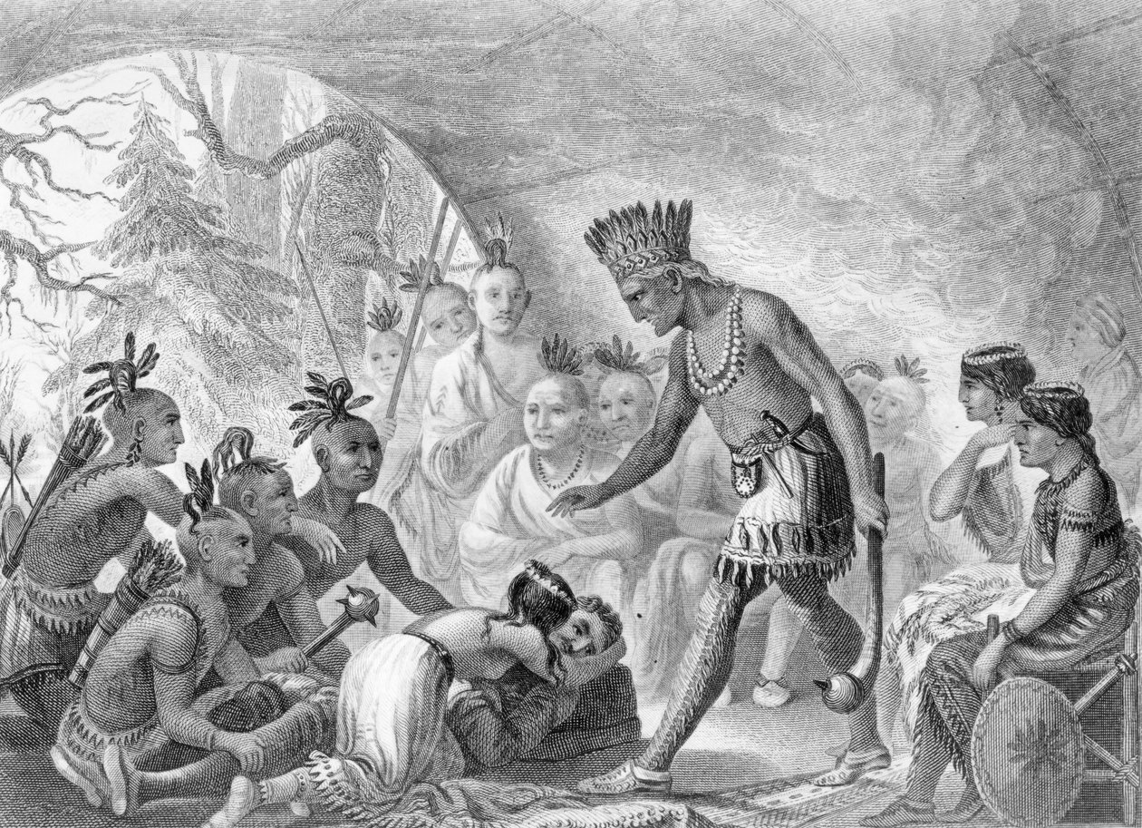 Kapitán Smith zachráněn Pocahontas, 1607, vyryto D.G. Thompsonem, 19. století od Asa Coolidge Warren