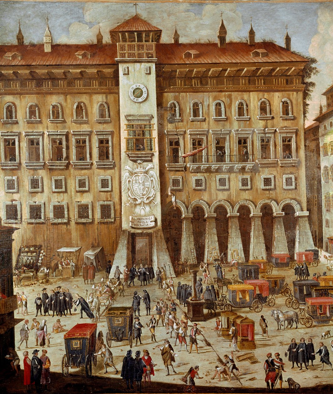 Místo soudu Vicaria v Neapoli v době revoluce Masaniello Zločinci jsou soudci před vchodem, muž oběšený na laně - Detail - Obraz Ascanio Luciani (asi 1621-1706) Neapol, Museo Nazionale di San Martino od Ascanio Luciani