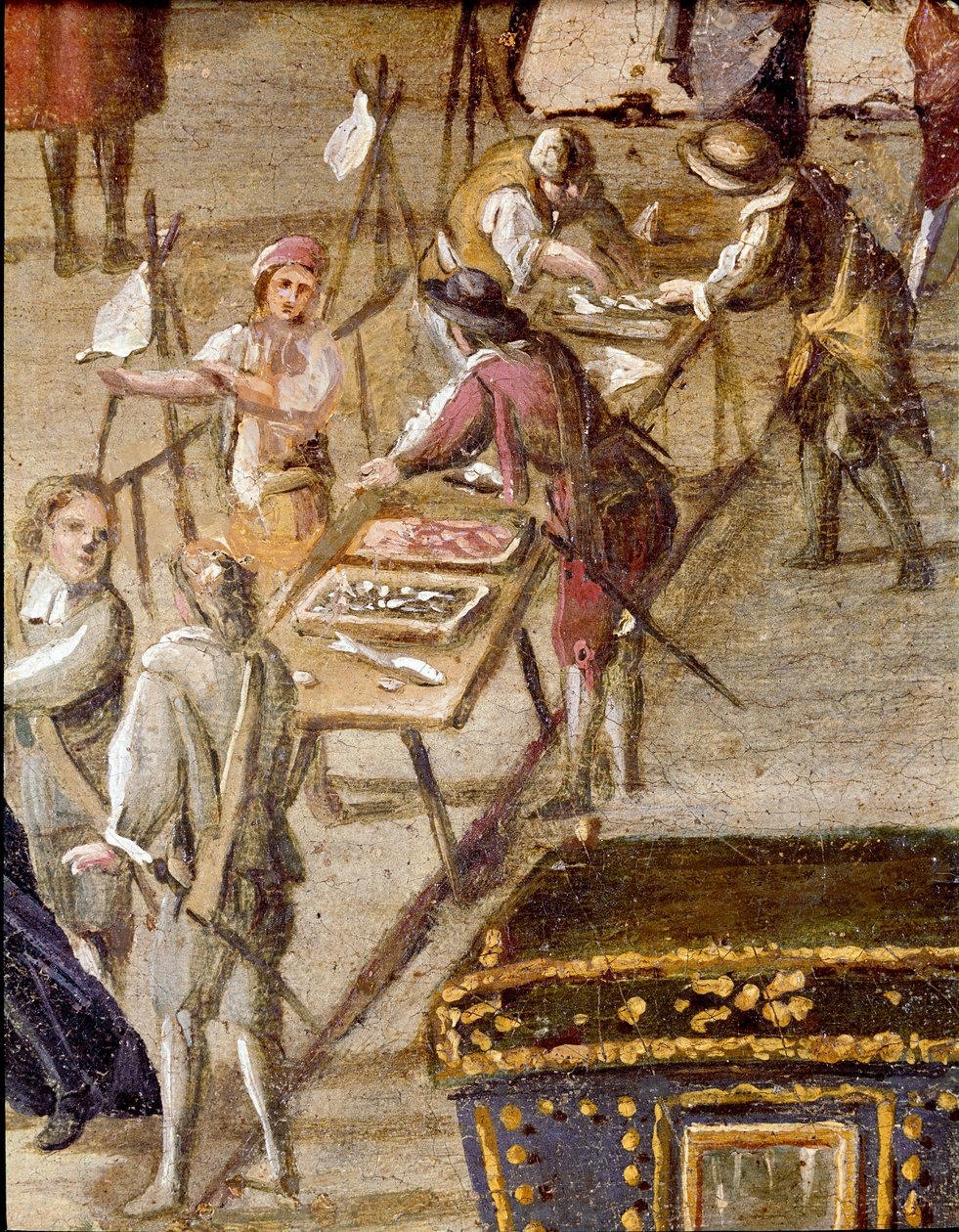 Místo soudu Vicaria v Neapoli v době revoluce Masaniello Zločinci jsou soudci před vchodem - Detail představující prodejce ryb - Obraz Ascanio Luciani (asi 1621-1706) Neapol, Museo Nazionale di San Martino od Ascanio Luciani