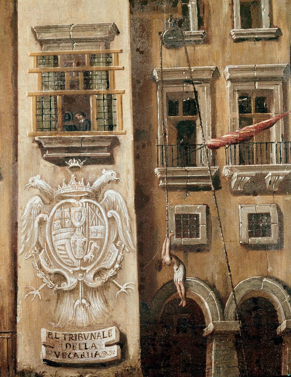 Místo soudu Vicaria v Neapoli v době revoluce Masaniello - Detail zobrazující muže visícího před vchodem do paláce - Obraz Ascanio Luciani (asi 1621-1706) Neapol, Museo Nazionale di San Martino od Ascanio Luciani