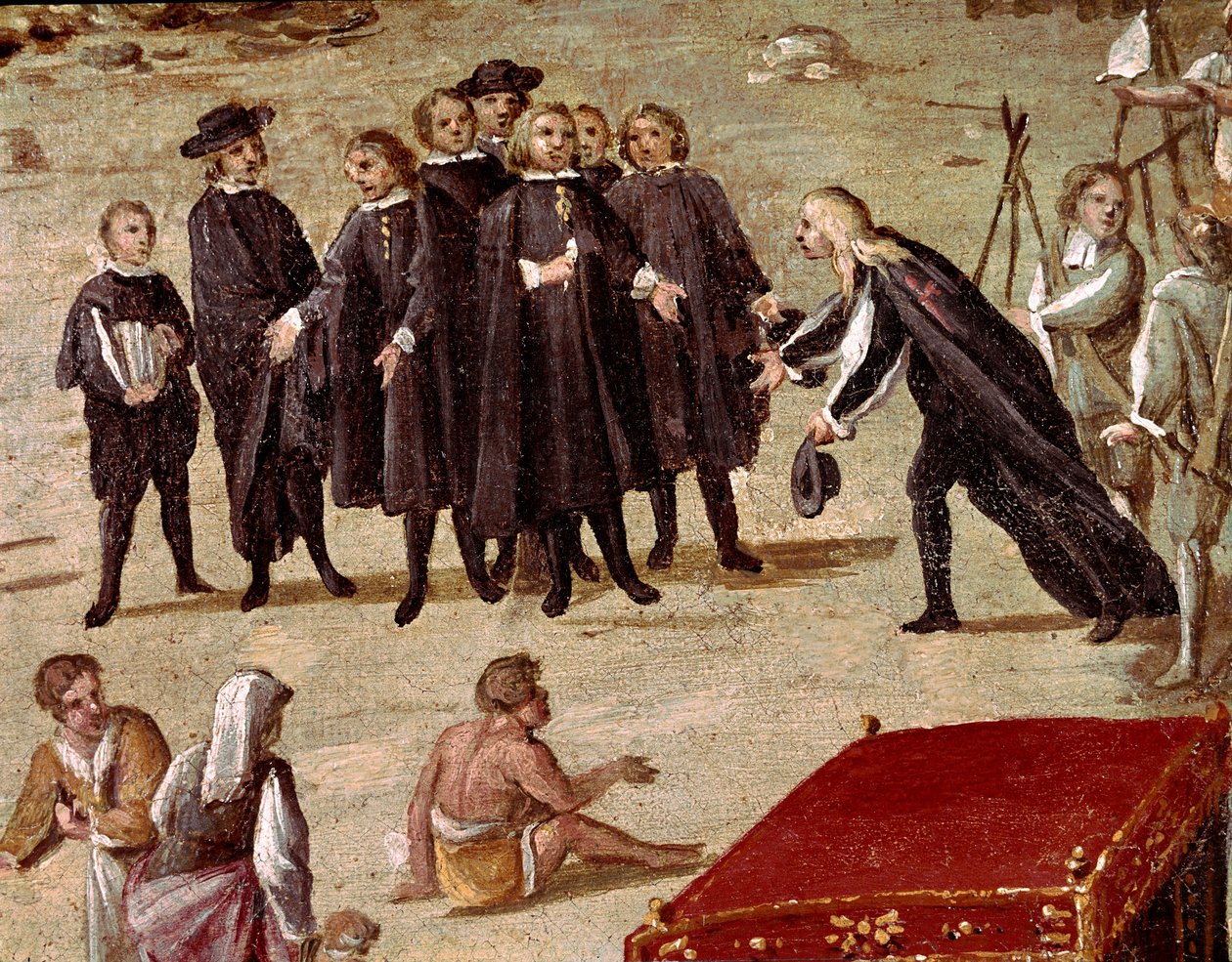 Místo soudu Vicaria v Neapoli v době revoluce Masaniello Zločinci jsou soudci před vchodem - Detail představující právníka předkládajícího žádost magistrátu - Obraz Ascania Lucianiho (asi 1621-1706) Neapol, Muse od Ascanio Luciani