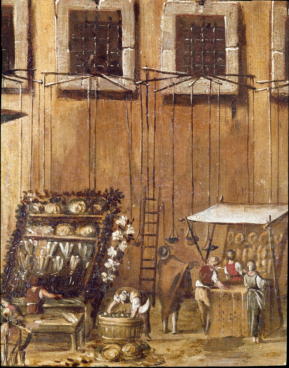 Místo soudu Vicaria v Neapoli v době revoluce Masaniello Zločinci jsou soudci před vchodem - Detail představující prodejce chleba a ryb - Obraz Ascanio Luciani (asi 1621-1706) Neapol, Museo Nazionale di San Ma od Ascanio Luciani
