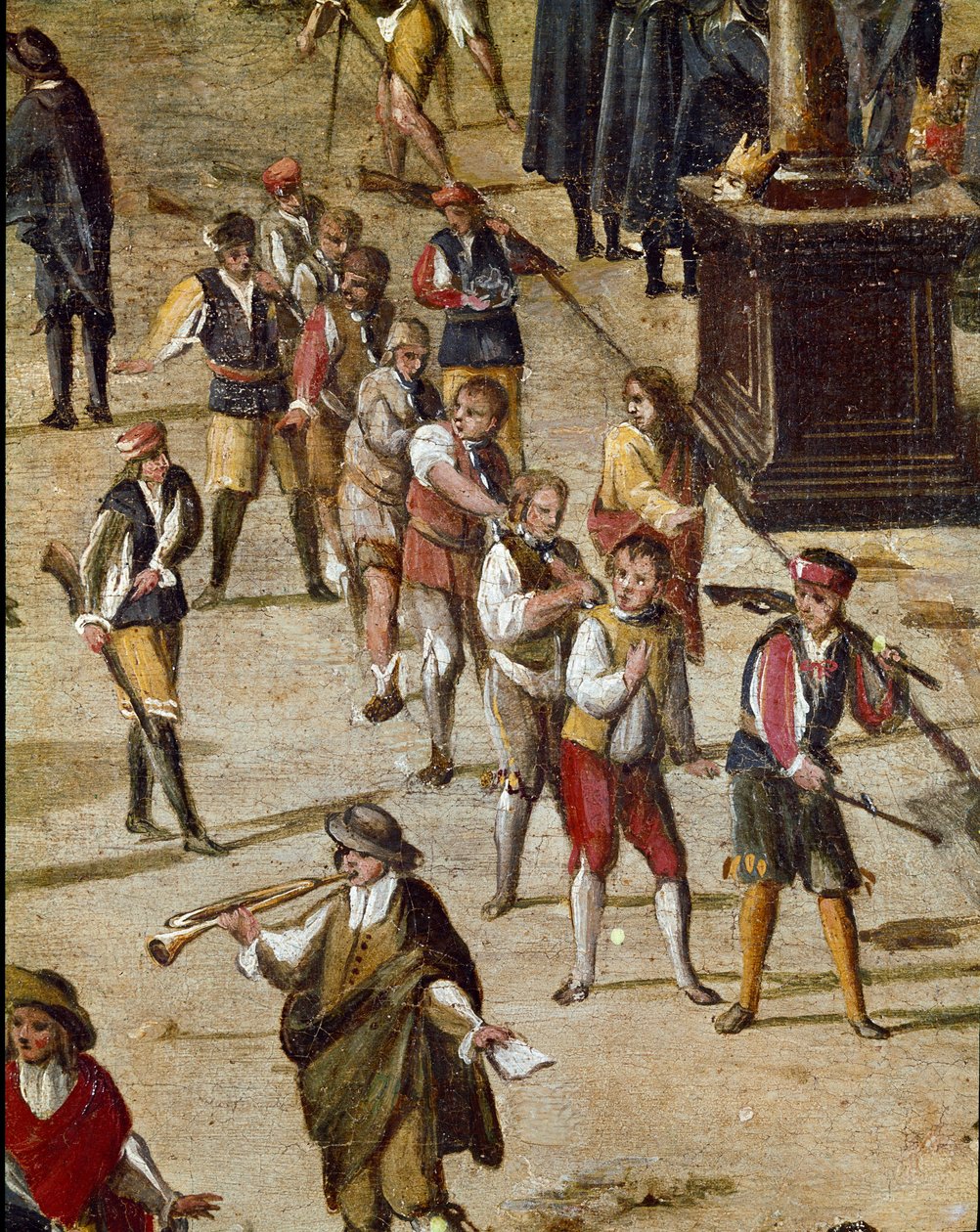 Místo soudu Vicaria v Neapoli v době revoluce Masaniello Zločinci jsou soudci před vchodem - Detail zobrazující skupinu trestanců připoutaných na krku - Obraz Ascanio Luciani (asi 1621-1706) Neapol, Museo Nazional od Ascanio Luciani