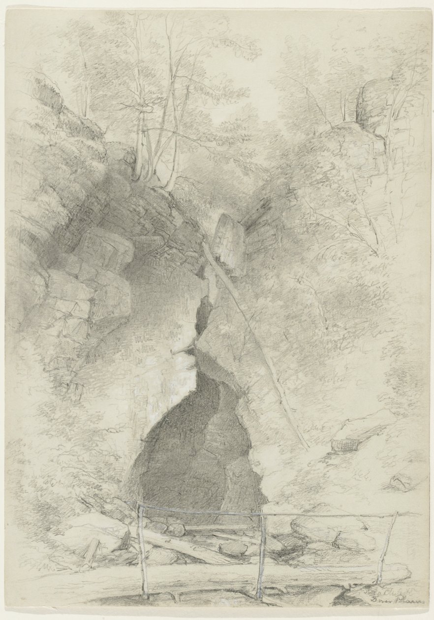 Dover Stone Church, Dover Plains, New York, 1847 (grafit a bílý kvaš na šedém papíře, připevněno na kartě) od Asher Brown Durand