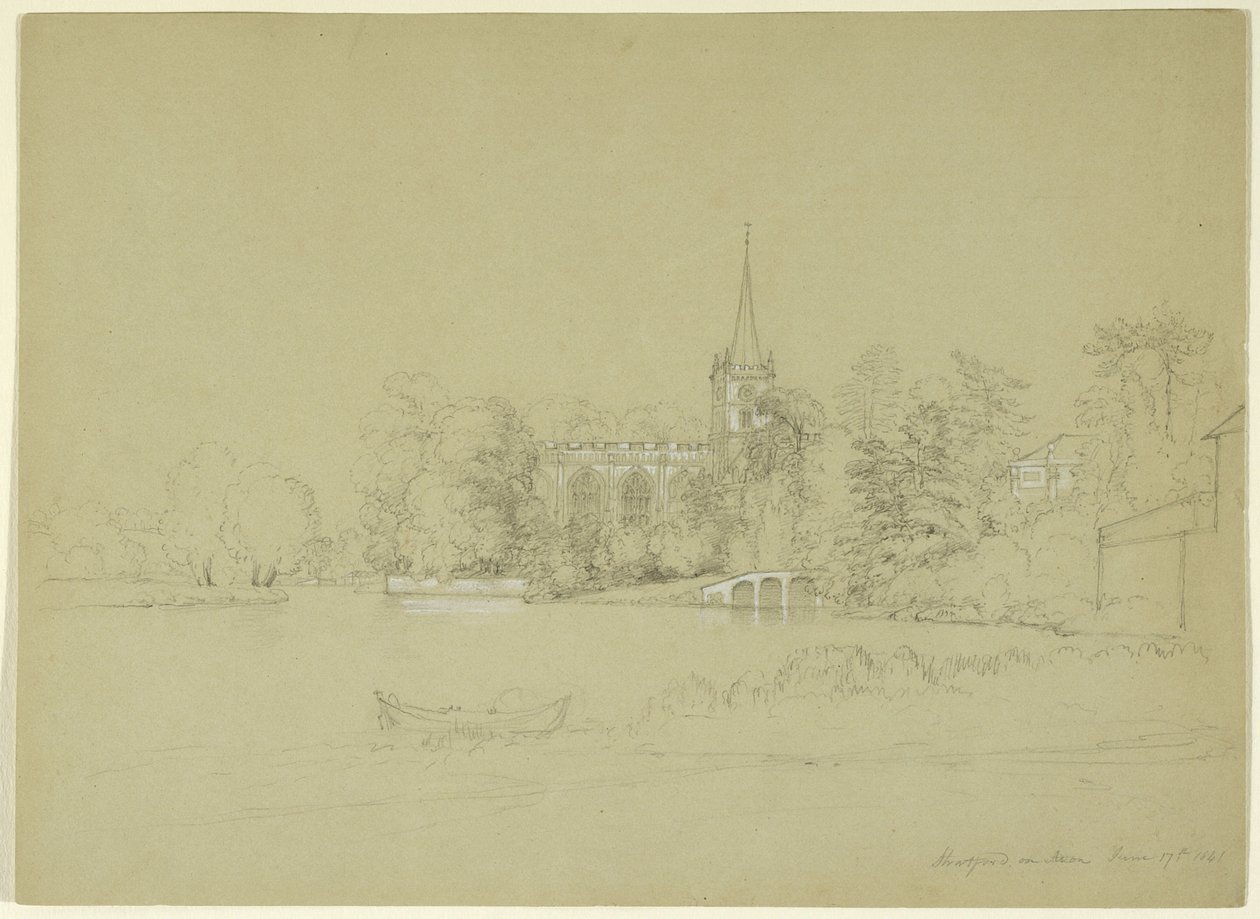 Farní kostel, Stratford-on-Avon, Anglie, 1841 (grafit a bílý kvaš na šedém papíře) od Asher Brown Durand