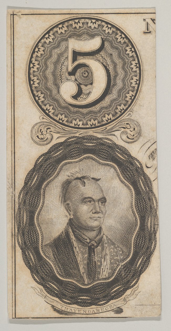 Motivy bankovek: číslo 5 a portrét Thayendanegea, ca. 1824-37. od Asher Brown Durand.