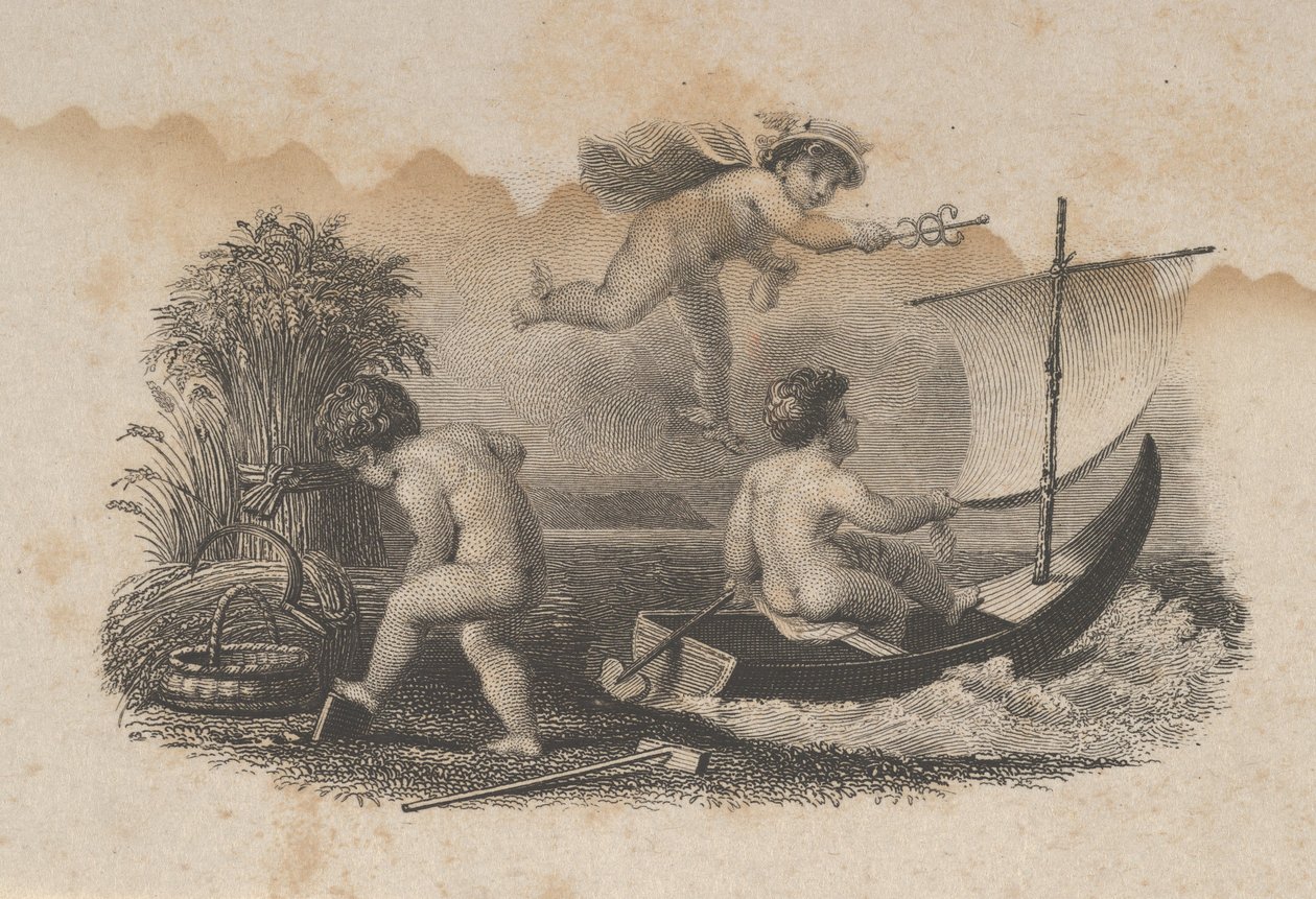 Bankovka viněta se třemi putti symbolizující obchod a zemědělství, ca. 1824-37. od Asher Brown Durand.