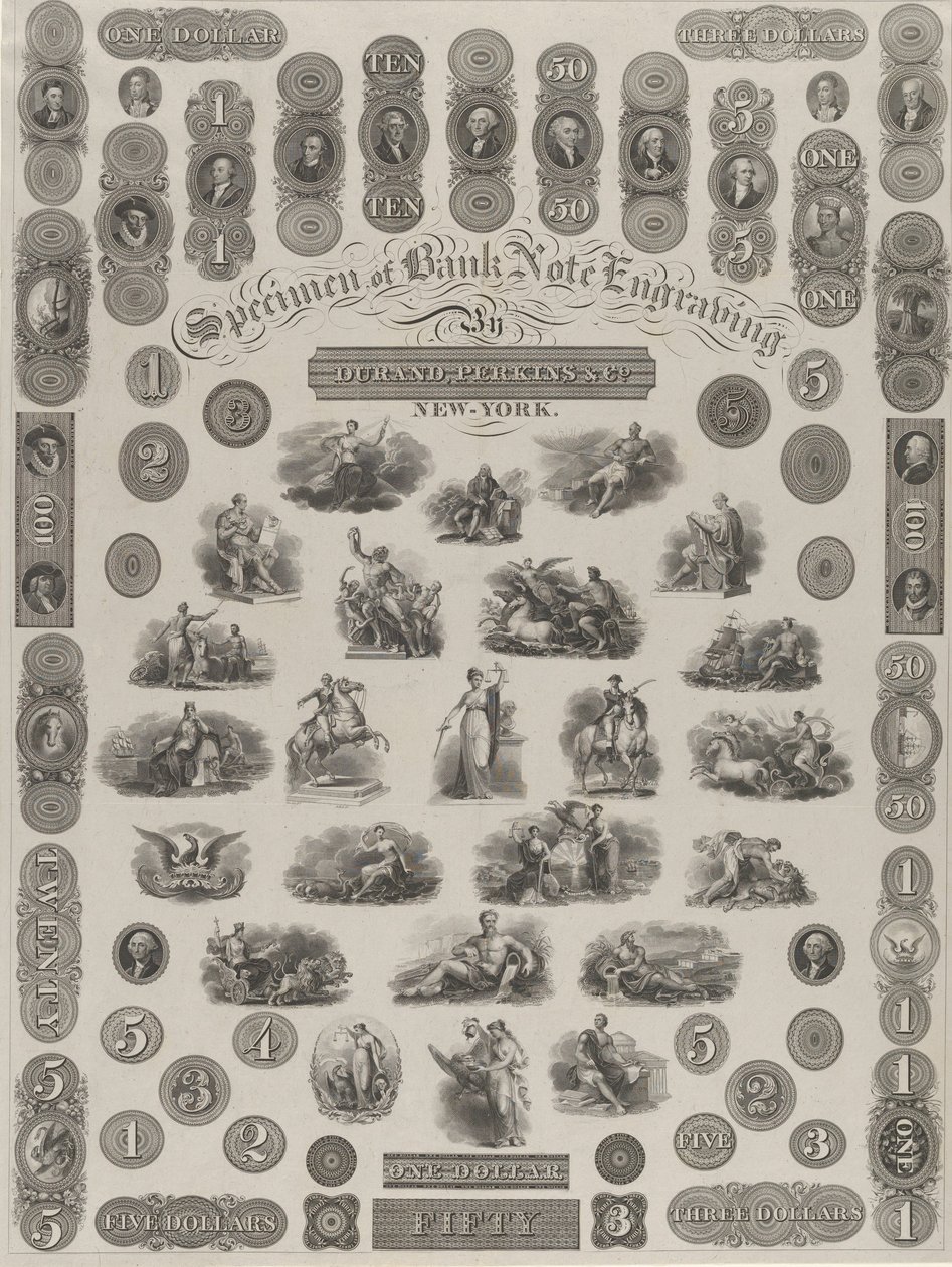 Vzorový list gravírování bankovek, ca. 1828. od Asher Brown Durand