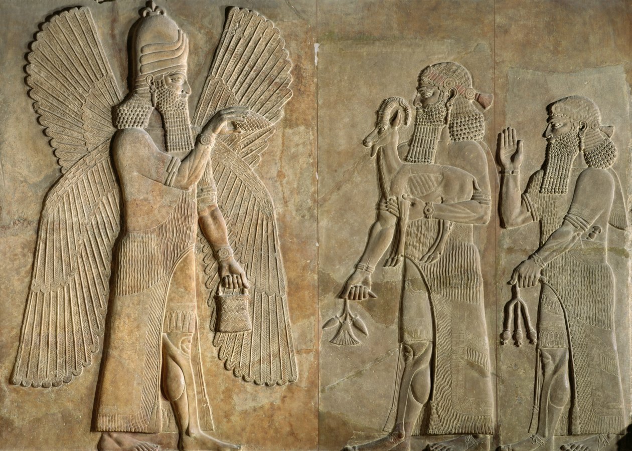 Vlys zobrazující okřídleného ducha, sargon nebo kněz nesoucí gazelu a věřícího nesoucího stonek máku, z paláce Sargon I, Khorsabad, Irák od Assyrian