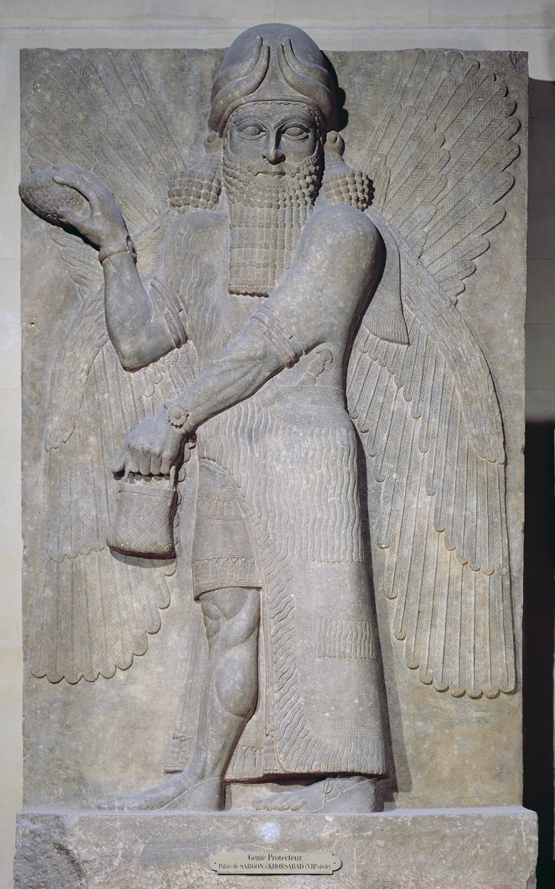 Reliéf zobrazující okřídleného džina z paláce Sargona II v Khorsabadu v Iráku od Assyrian