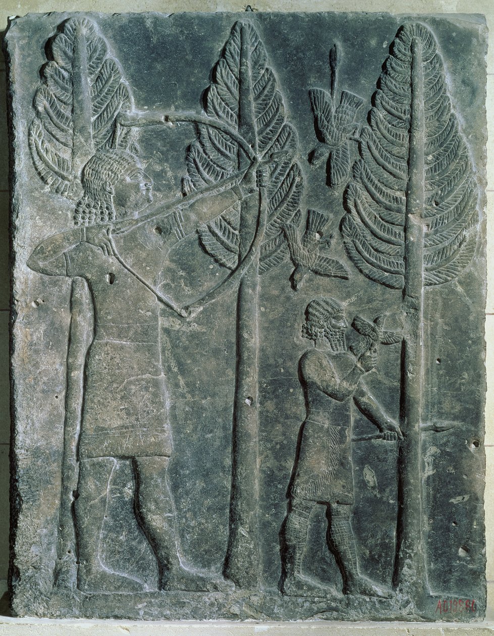 Reliéf zobrazující lov ptáků v lese, z paláce Sargon II v Khorsabad, Irák (sádra) od Assyrian
