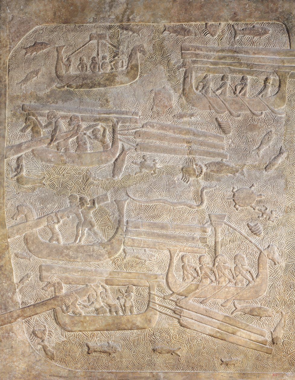 Reliéf zobrazující vykládku dřeva po přepravě po moři, z paláce Sargon II, Khorsabad, Irák od Assyrian