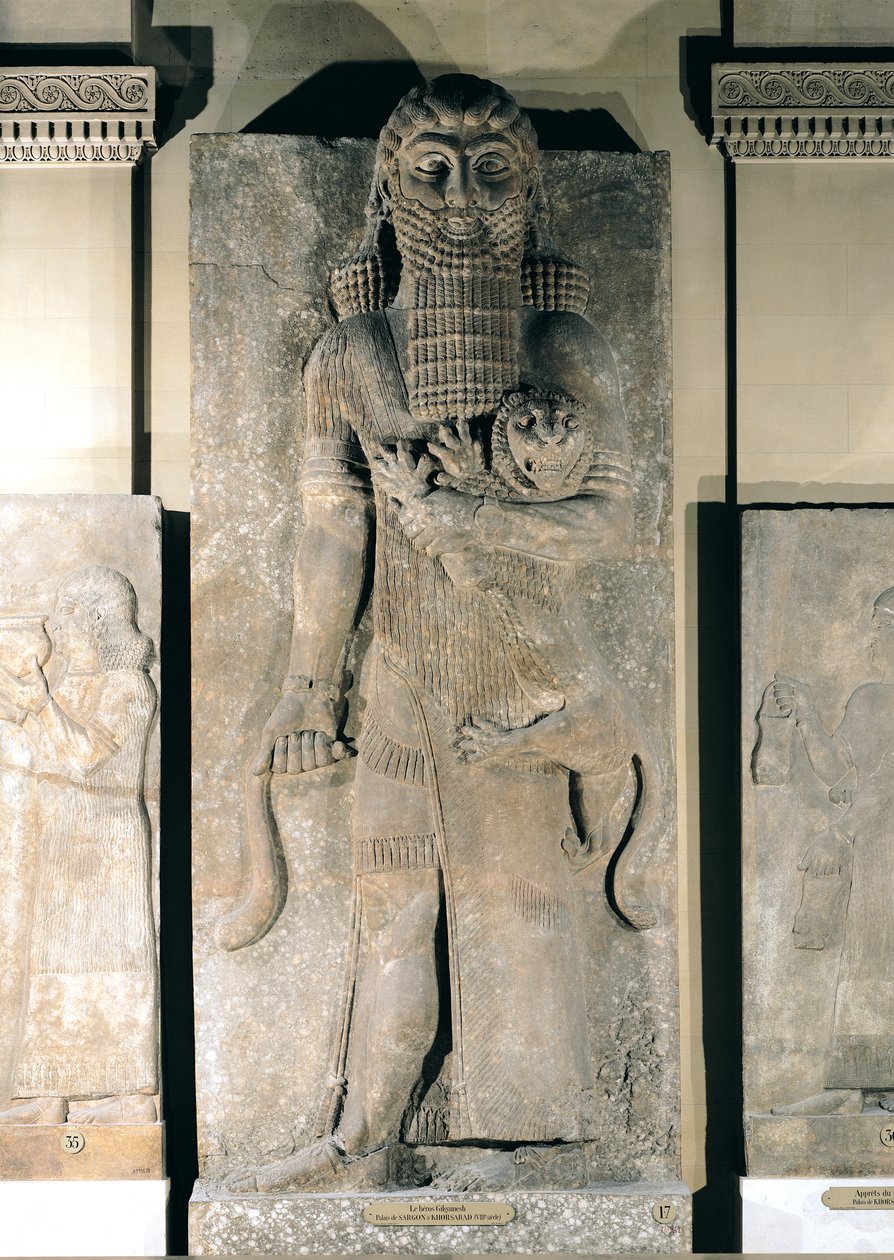 Hrdina Gilgameš držící lva, kterého zajal, kamenný reliéf z paláce Sargona II v Khorsabad (Irák), kolem roku 725 př.nl (sádra) od Assyrian School