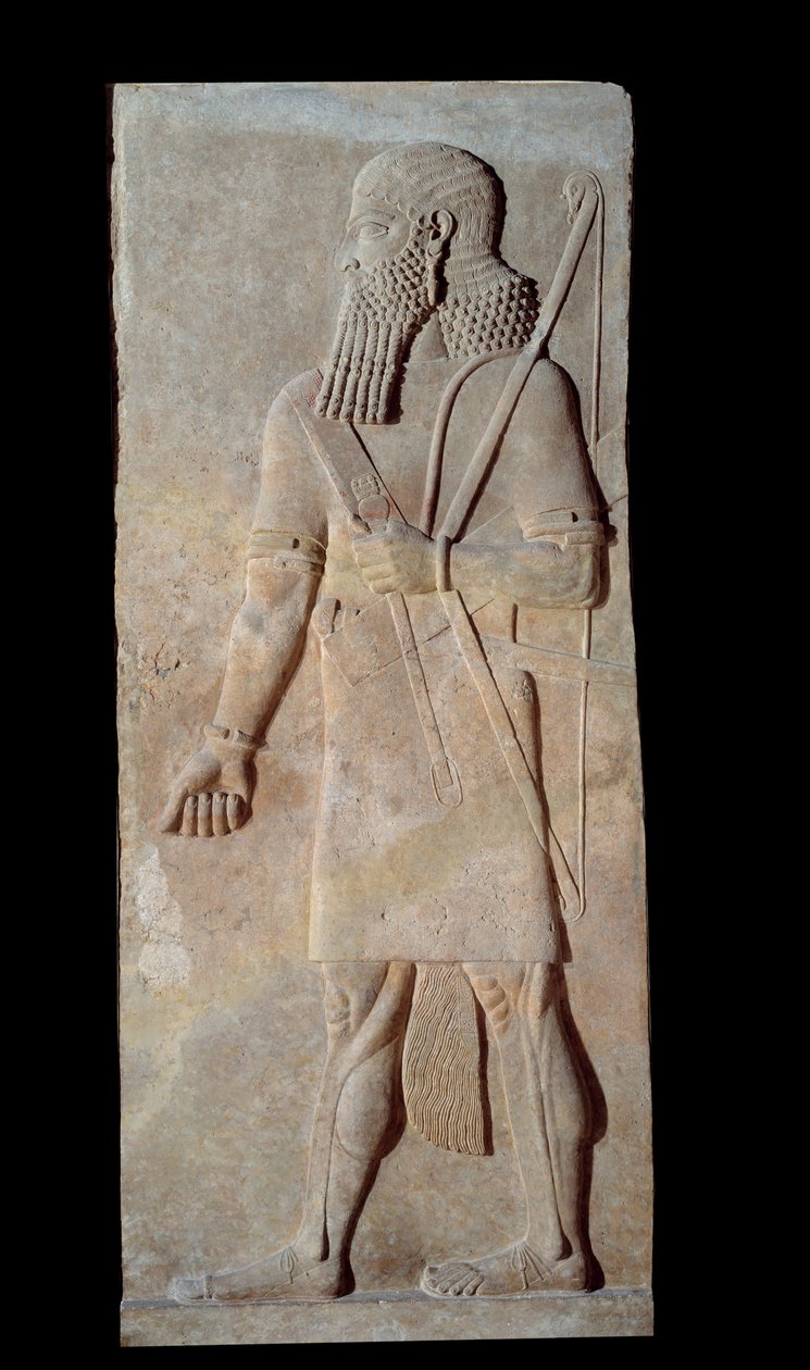 Umění Mezopotámie (Asýrie): Bojovník ve zbrani ze dvora paláce asyrského krále Sargona II. (721 - 705 př.nl). Paříž, Musee du Louvre od Assyrian
