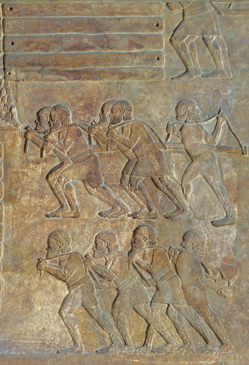 Detail reliéfu znázorňujícího skladování dřeva na břehu před přepravou po moři, z paláce Sargon II, Khorsabad, Irák od Assyrian