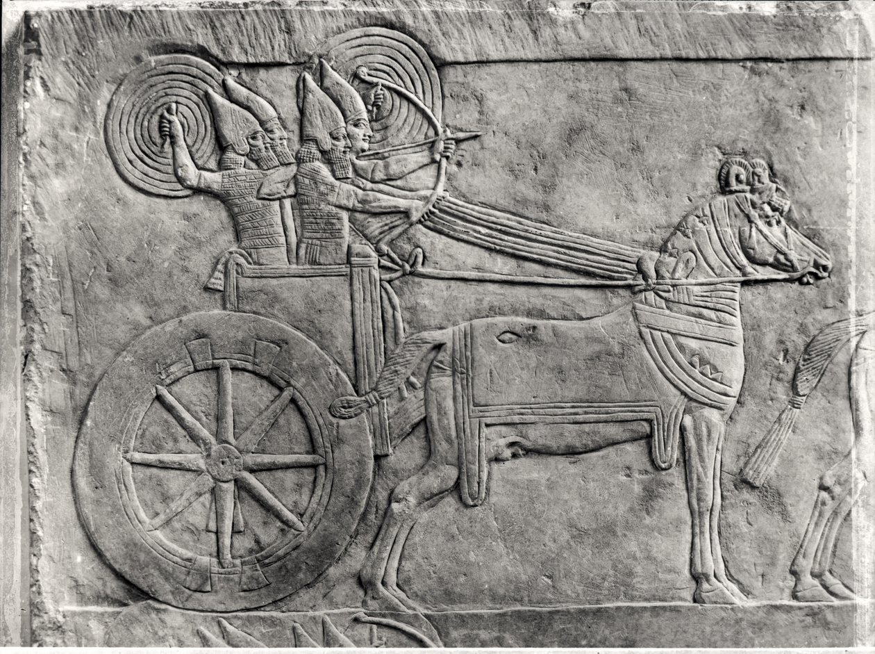 Fragment reliéfu znázorňujícího asyrskou armádu v bitvě z Aššurbanipalského paláce v Ninive, cca 645 př. n. l. detail kamene z roku 161334 bw foto od Assyrian