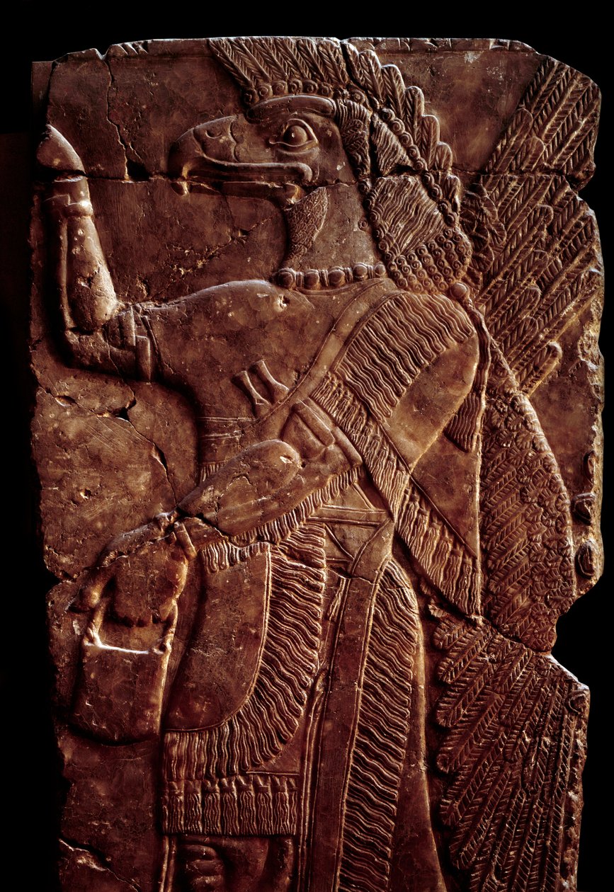 Orientální starožitnosti: detail reliéfu albastra představujícího ochranné křídlo džina s lidským tělem a hlavou orla, od paláce Sargona II. nebo Sharroukina, krále Asýrie, po Dur-Sharrukin (dnešní Khorsabad (Khunsabad) (Mezopotámie), Irák . od Assyrian
