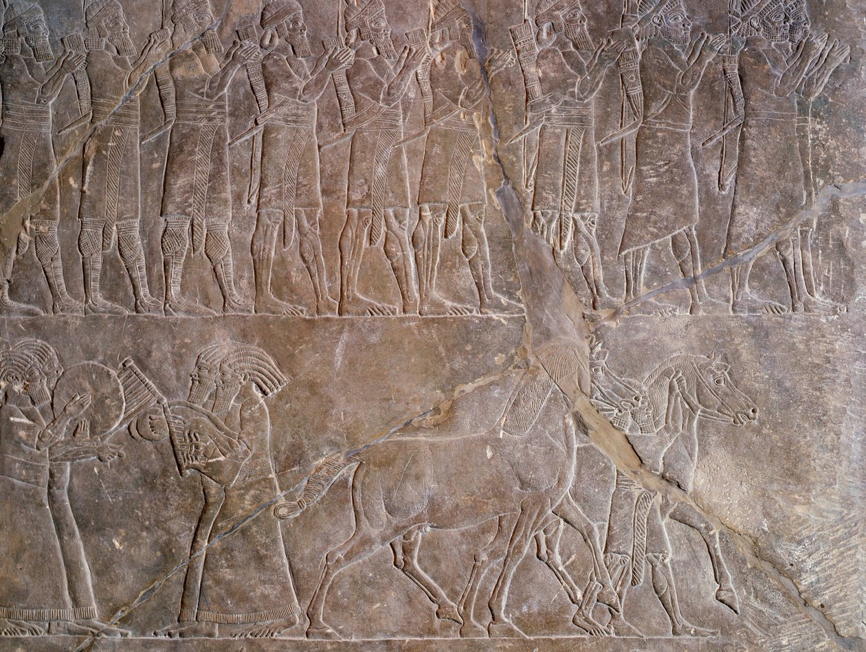 Orientální antika: detail basreliéfu ve vápenci: hudebníci brnění Assurbanipal nebo Ashurbanipal, král Asýrie (Mezopotámie) (669 př.nl-627 př.nl). 640 před naším letopočtem. Z Ninive. Paříž, muzeum Louvre od Assyrian