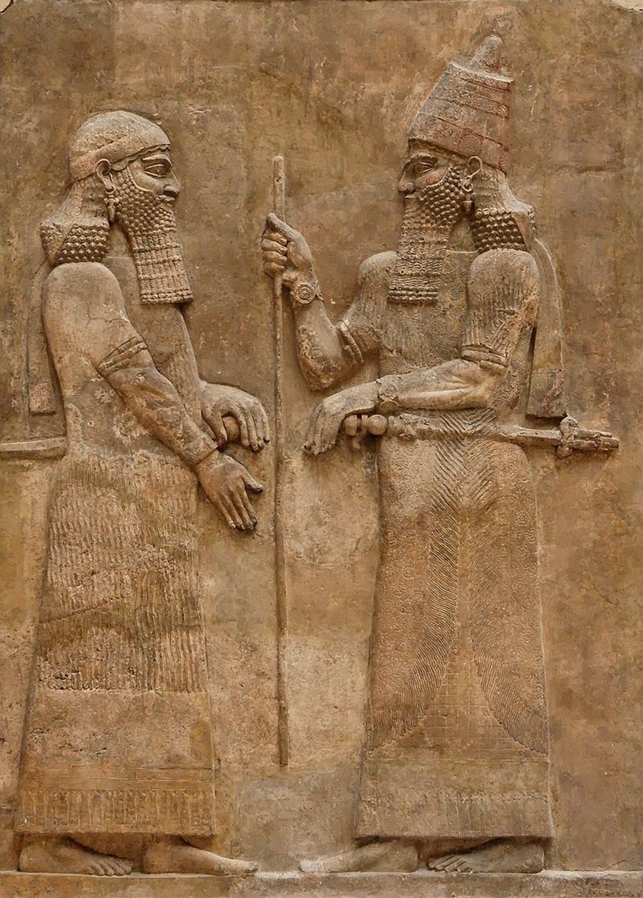 Sargon II a hodnostář, reliéf z paláce krále Sargona v Khorsabad, cca 716-713 př.nl od Assyrian