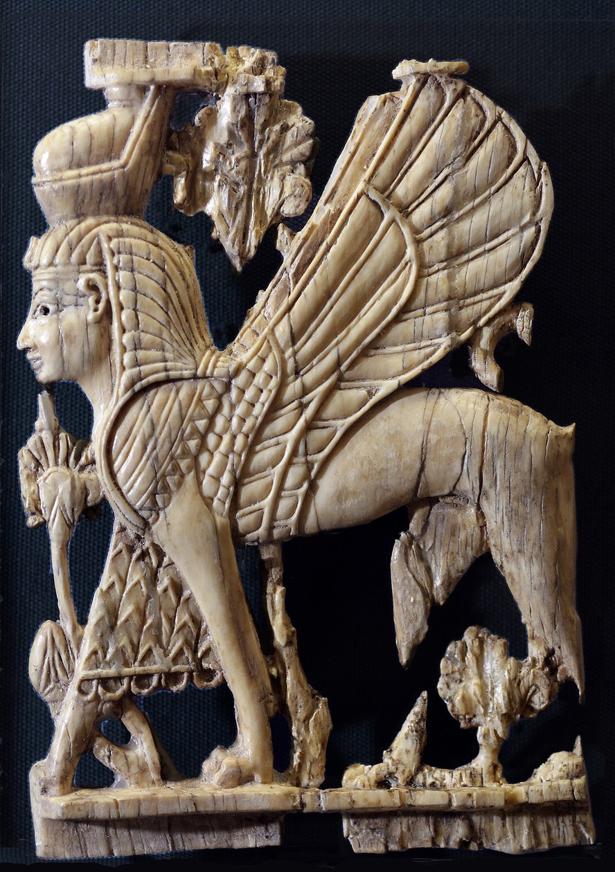 Okřídlený Griffin s lidskou tváří, dekorace nábytku ze slonoviny ve fénickém stylu, Nimrud, 800-700 př.nl (slonovina) od Assyrian