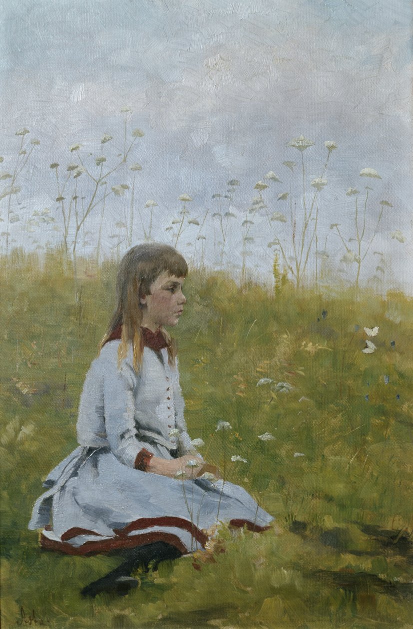 Dívka na květinové louce, kolem roku 1885 (olej na plátně) od Asta Nørregaard