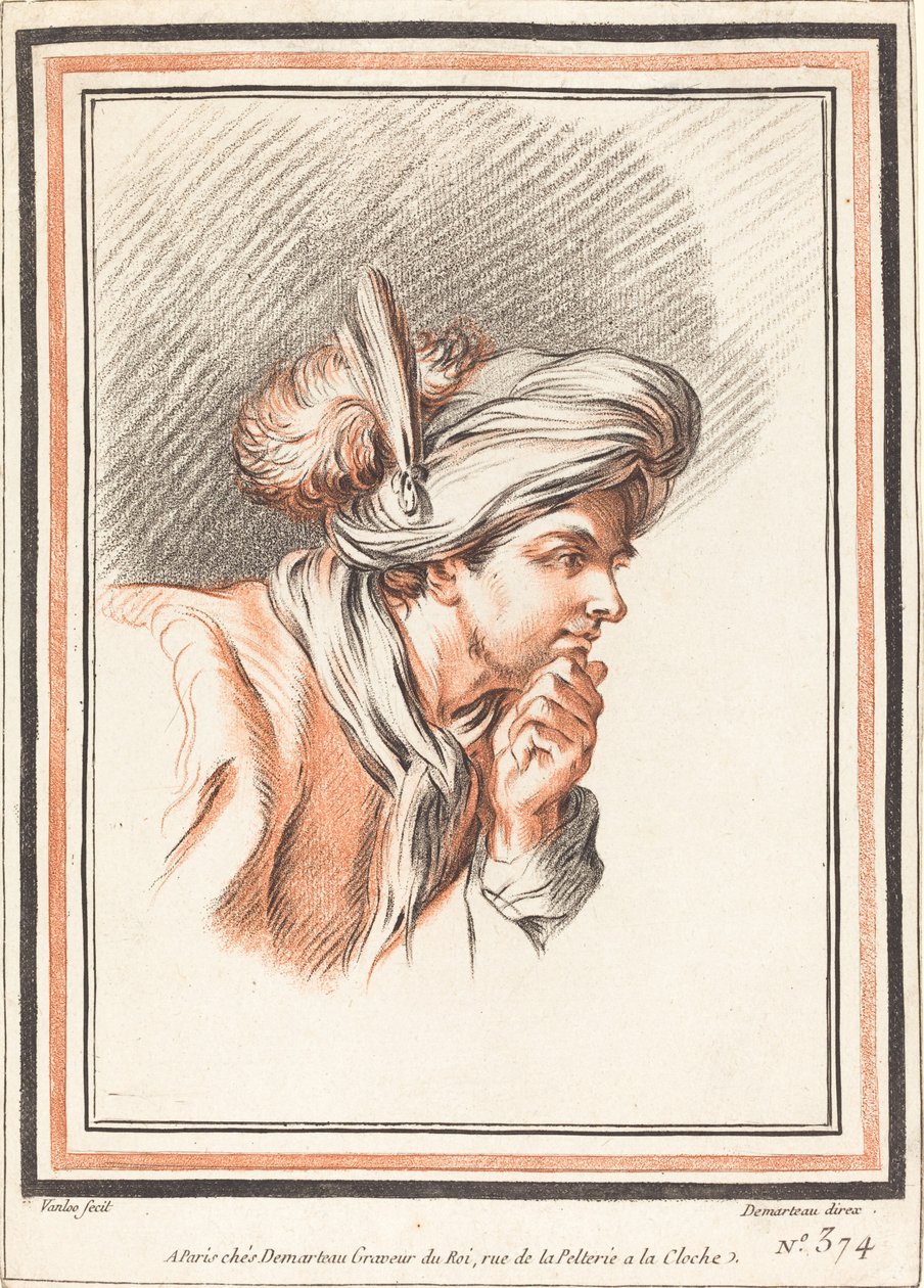 Hlava muže v opeřeném turbanu od Atelier of Gilles Demarteau the Elder after Carle Van Loo