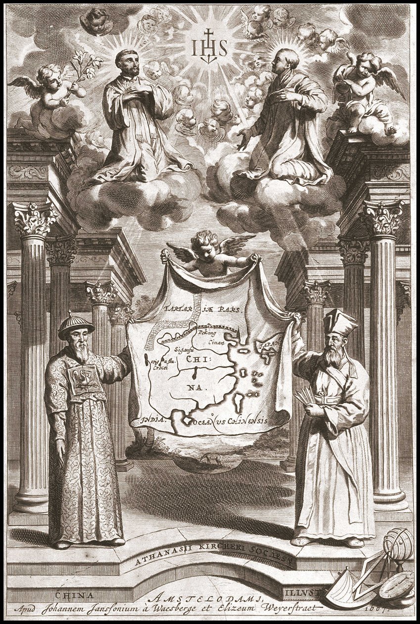 Adam Schall (vlevo) a Matteo Ricci (vpravo) v kostýmu čínského mandarína, frontispice „Čína“ od Athanase Kircher (nebo Athanasius Kircheri) od Athanasius Kircher