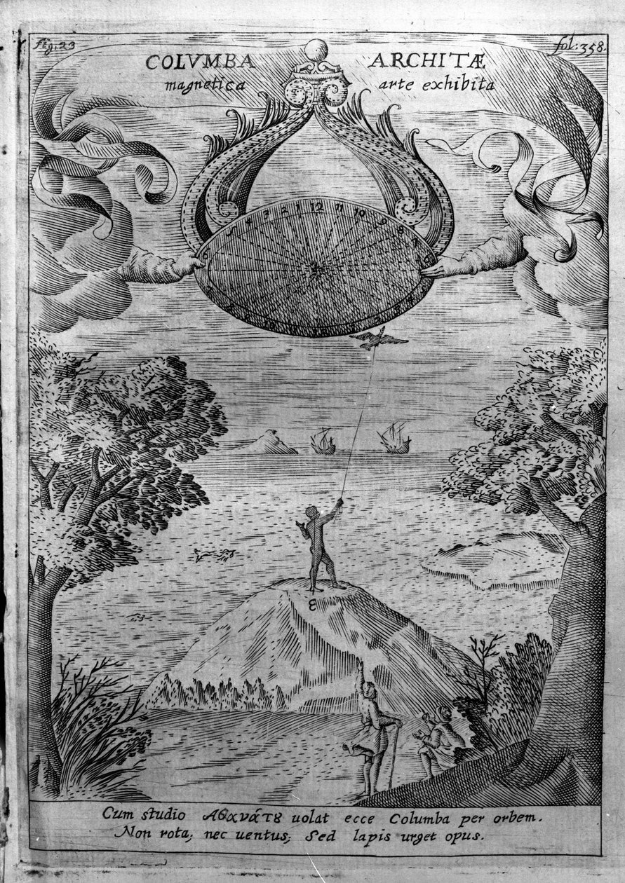 Archytas z Taranta (435-347 př. n. l.) létá s dřevěnou holubicí. Rytina z „Mundus Subterraneus“ od Athanasius Kircher (1601-1680), jezuita, orientalista a učenec. od Athanasius Kircher