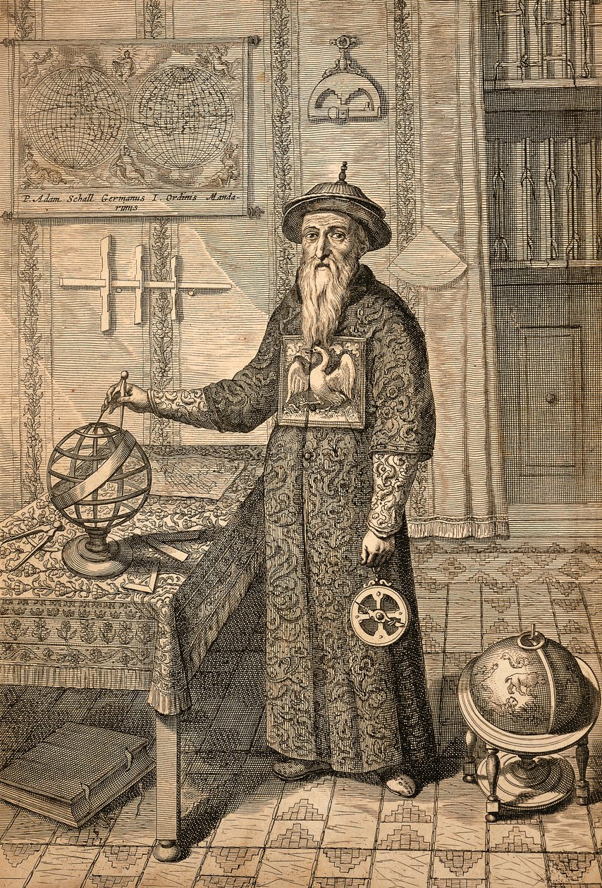 Jezuita Johann Adam Schall von Bell (1591-1666), předchůdce Ferdinanda Verbiesta, astronom na dvoře dynastie Ming v Nanjingu, v kostýmu mandarínky, z Číny monumentis od Athanasius Kircher
