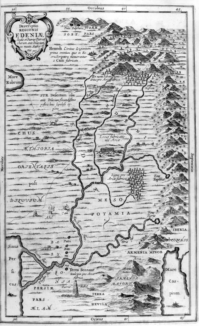 Mapa rajské zahrady, 1675 od Athanasius Kircher