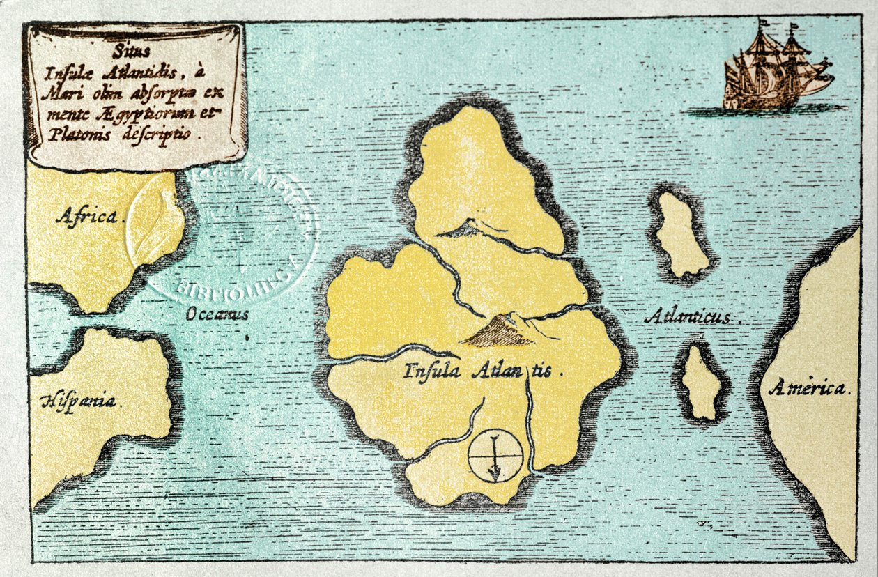 Mapa legendárního ostrova Atlantis - z Mundus Subterraneus Athanase Kircher (nebo Athanasius Kircheri) od Athanasius Kircher