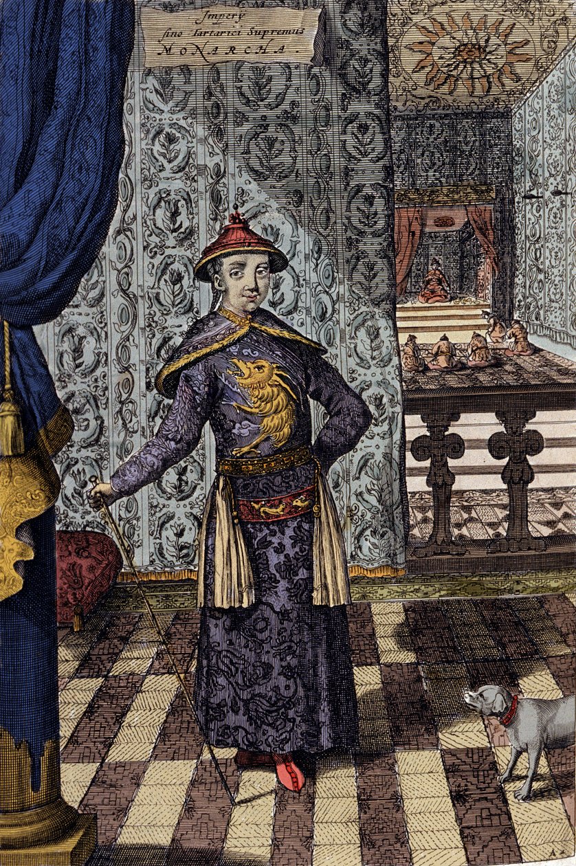 Čínský císař a nejvyšší vládce Tatarů - čínský císař Kangxi (1652-1722) dynastie Čching, rytina Athanasius Kircher (1601-1680) z „“ China Monumentis, qua sacris qua profanis“““ 1667 – čínský císař Kangxi (16522 -1722) dynastie Čching, od Athanasius Kircher
