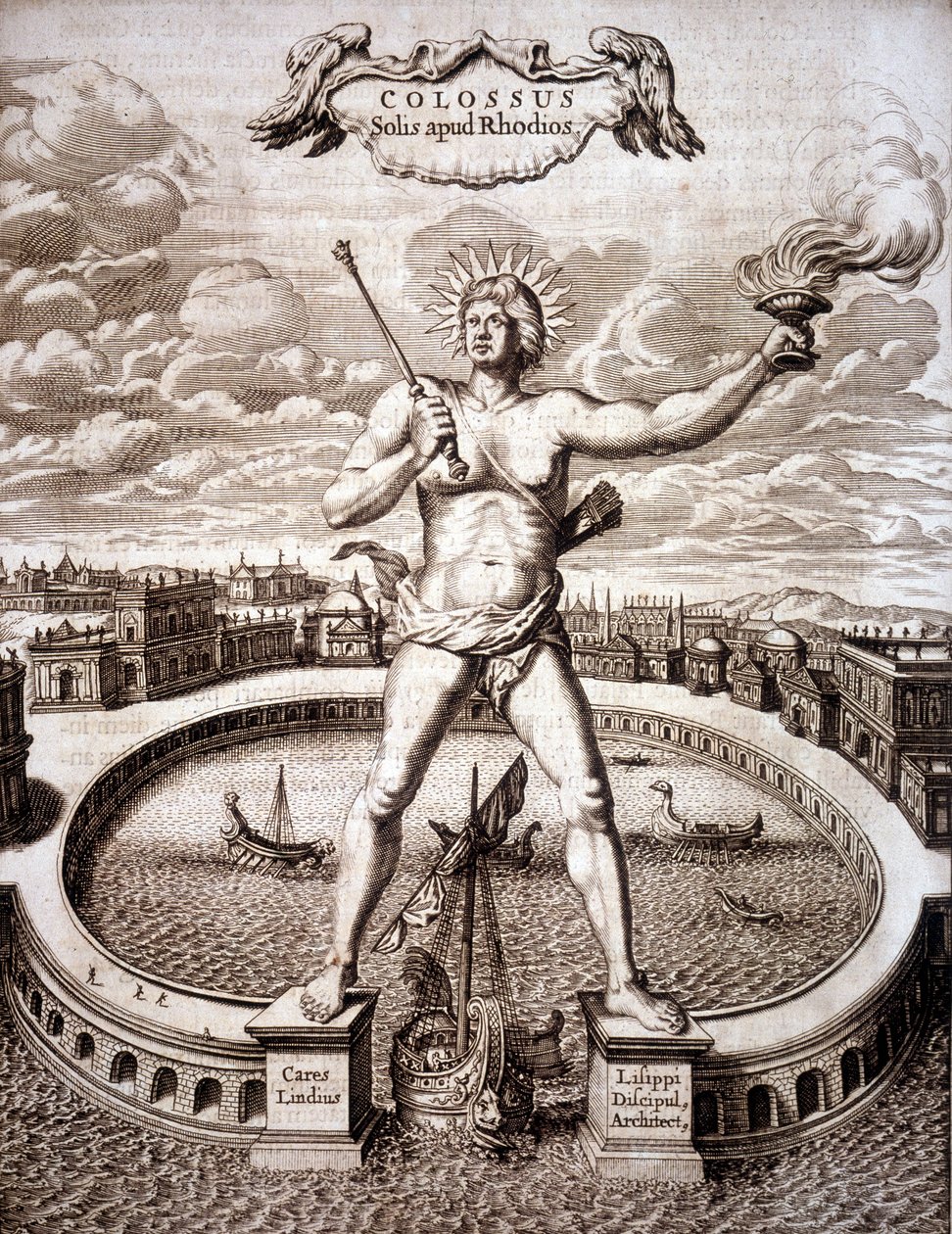 Rhodský kolos (socha Hélia) u vjezdu do přístavu. - v „Turris Babel““ od Athanasia Kirchera (1601-1680), německého orientalisty a učence od Athanasius Kircher