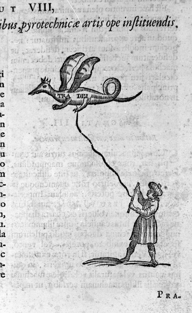 Řecký filozof Archytas z Taranta (435-347 př. n. l.) filozof Pythagorik, matematik, astronom a jeho dřevěná holubice schopná létat. Rytina z „Mundus Subterraneus“ od Athanasius Kircher (1601-1680) 1682 od Athanasius Kircher