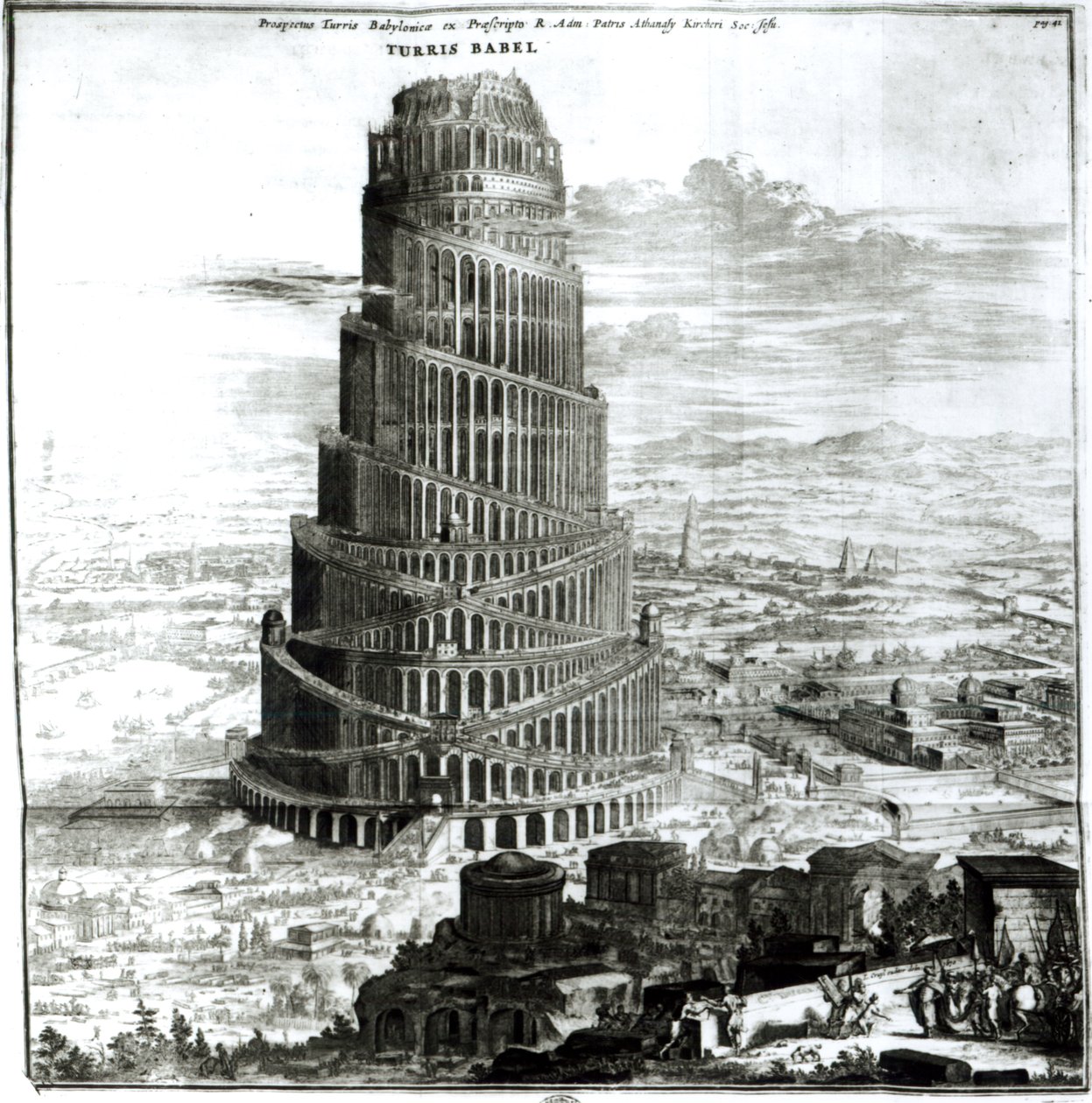 Babylonská věž, 1679 (rytina) (černobílá fotografie) od Athanasius Kircher