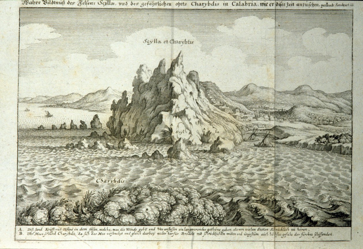 Pohled na skály „“ Charybde““ a „“ Scylla““ v Detroitu Messina, Sicílie“““ Rytina z „“Mundus Subterraneus““ od Athanasius Kircher (1601-1680), jezuita, orientalista a učenec 1682 od Athanasius Kircher