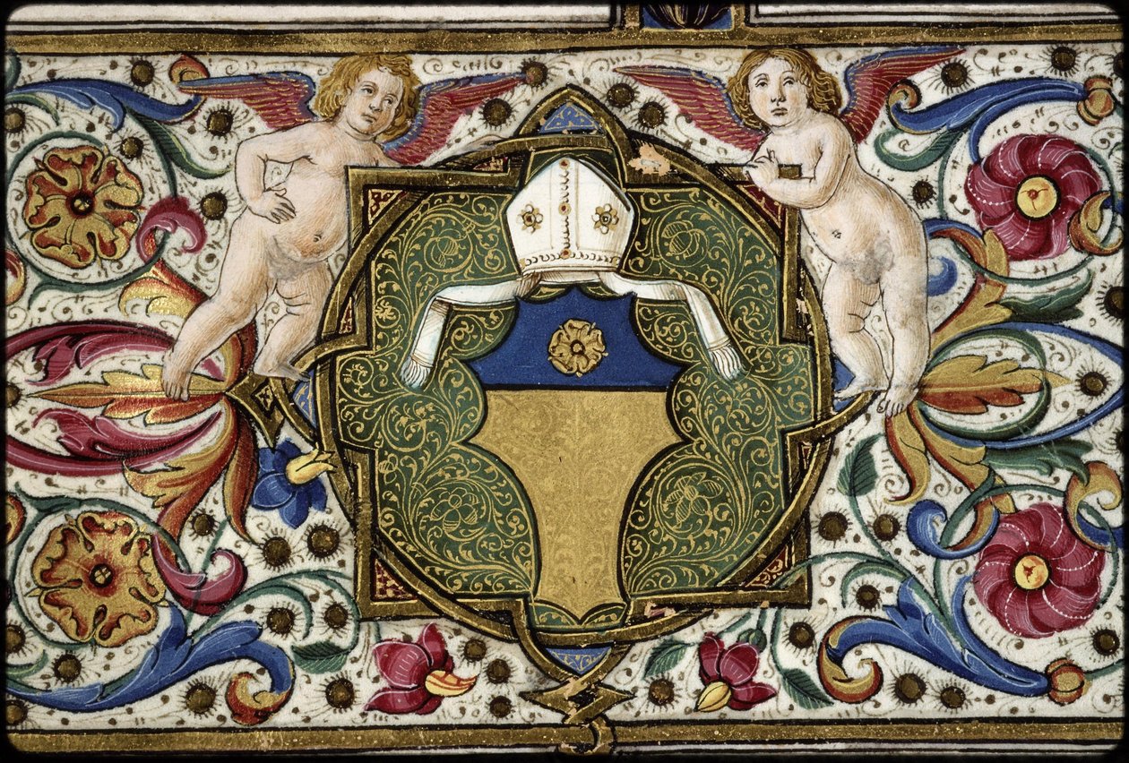 Misál Thomase Jamese: detail komisařova erbu: "Or, on the chief azure a rose Or". od Attavante degli Attavanti