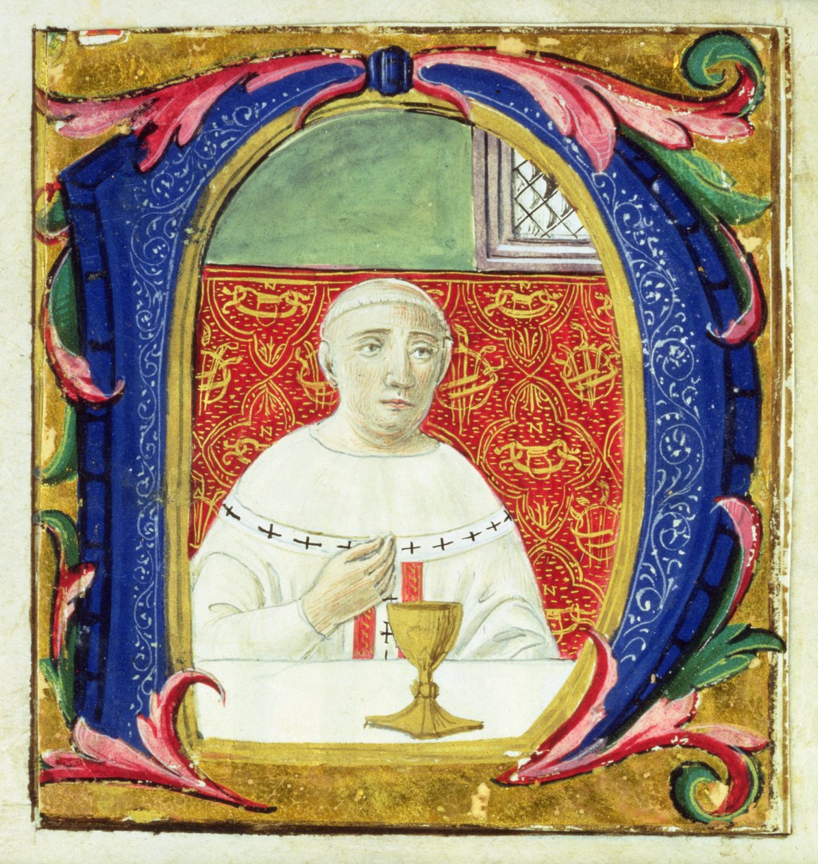 Historická iniciála „N“ zobrazující papeže (Leon X) konající mši od Attavante di Gabriello di Vanti di Bartolo