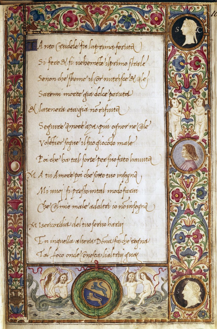 Stránka z rukopisu "Il canzoniere" od Francesca Petrarky (1304-1374) iluminovaného Attavantem dei Attavanti (1452-1525) (ms. cl.VIII.684) 15. století Dim. 19 x 12,7 cm Florencie, Národní knihovna od Attavante di Gabriello di Vanti di Bartolo