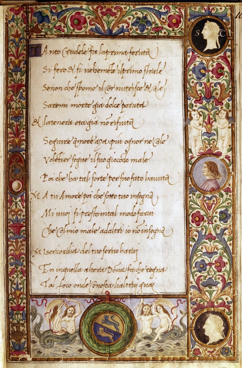 Stránka z rukopisu "Il Canzoniere" od Francesca Petrarcy (1304-1374). Miniatura od Attavante degli Attavanti (1452-1525), Národní knihovna, Florencie od Attavante di Gabriello di Vanti di Bartolo