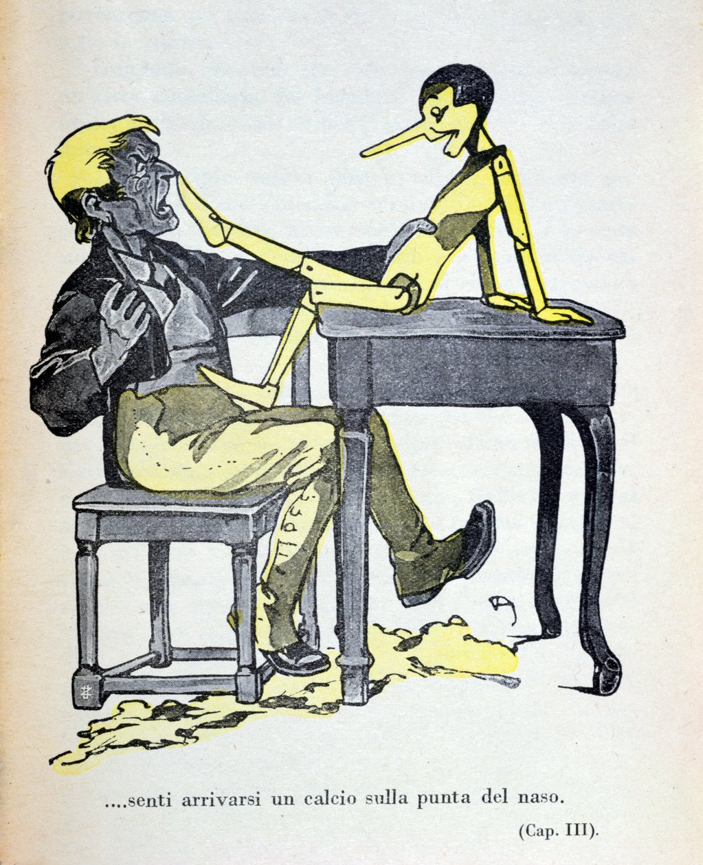 "Gepetto ucítil kopanec na špičce nosu", ilustrace z knihy "Pinocchio" od Carla Collodiho (1826-90) vydané nakladatelstvím Bemporad v roce 1935 (barevná rytina) od Attilio Mussino