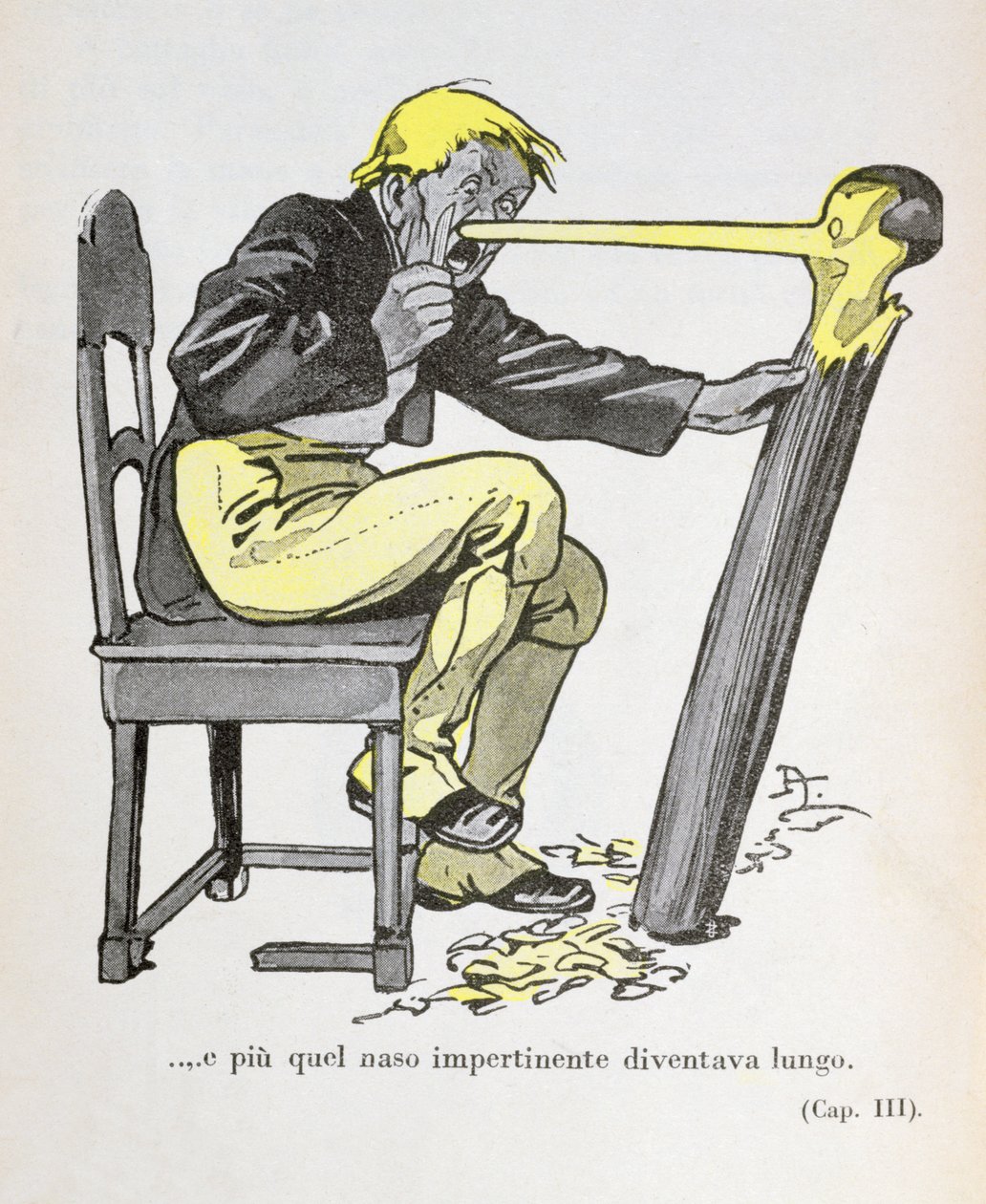 "Pinocchiovi začal růst nos, zatímco Gepetto pokračoval ve vyřezávání jeho postavy", ilustrace z filmu "Pinocchio", Carlo Collodi (1826-90) 1935 (barevná litografie) od Attilio Mussino