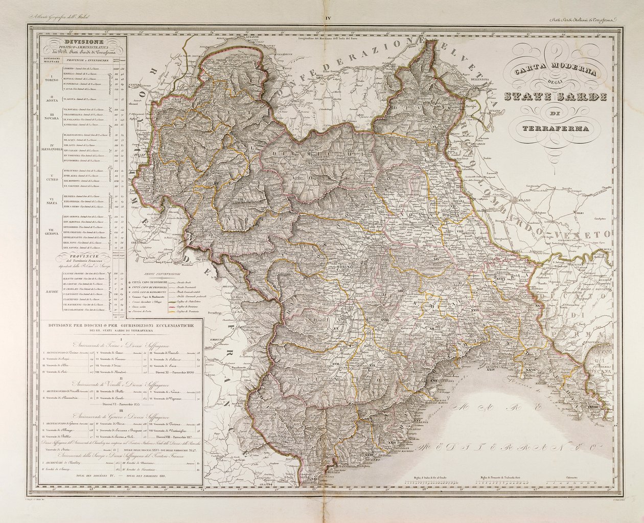 Sardinské státy na pevnině. Mapa Attilio Zuccagni-Orlandini, převzato z Geografického atlasu italských států, Florencie, rytina na mědi od Attilio Zuccagni Orlandini