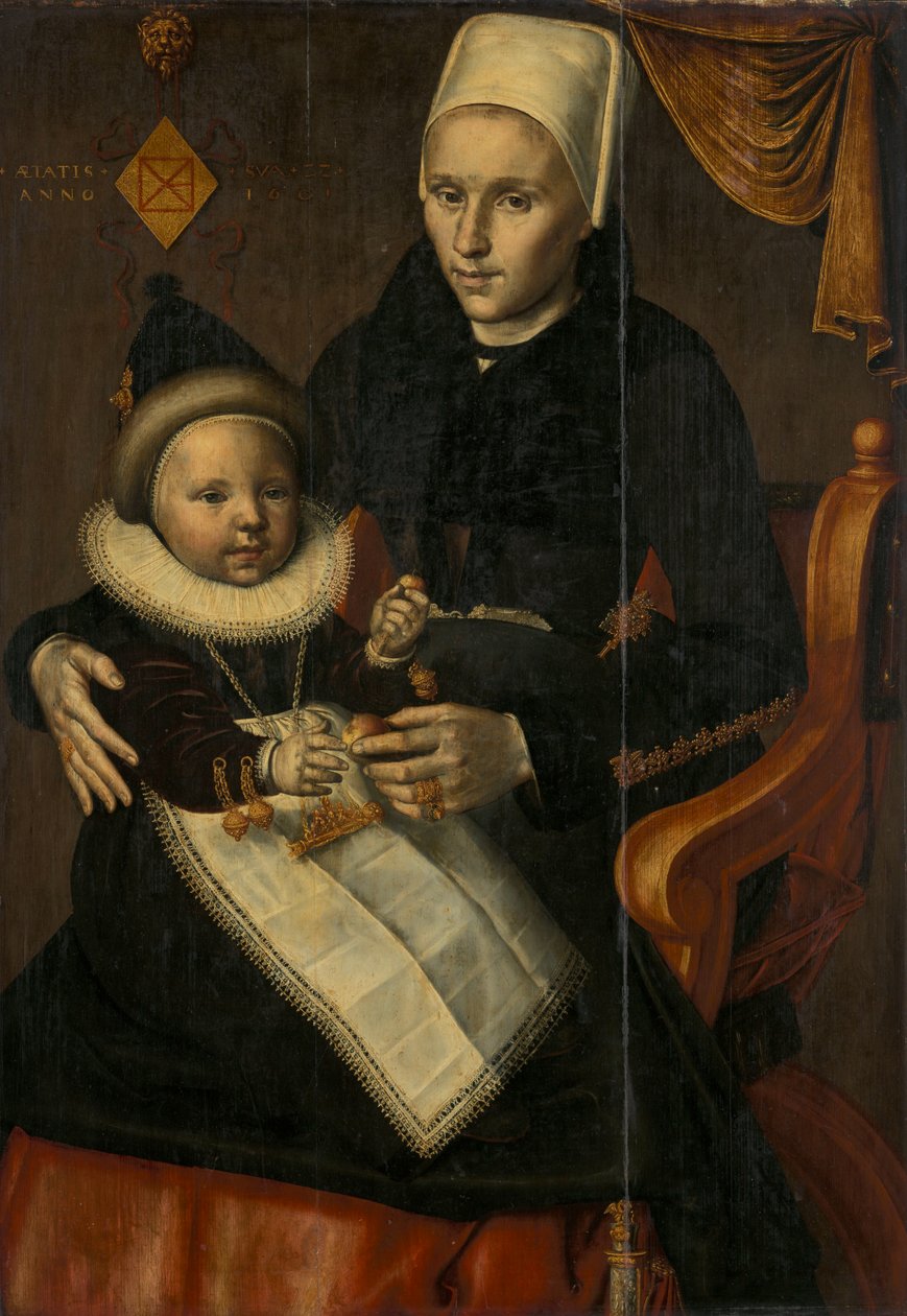 Matka a dítě v kostýmu Severní Holandsko. olej na panelovém médiu QS od Attributed to Jan Claesz.