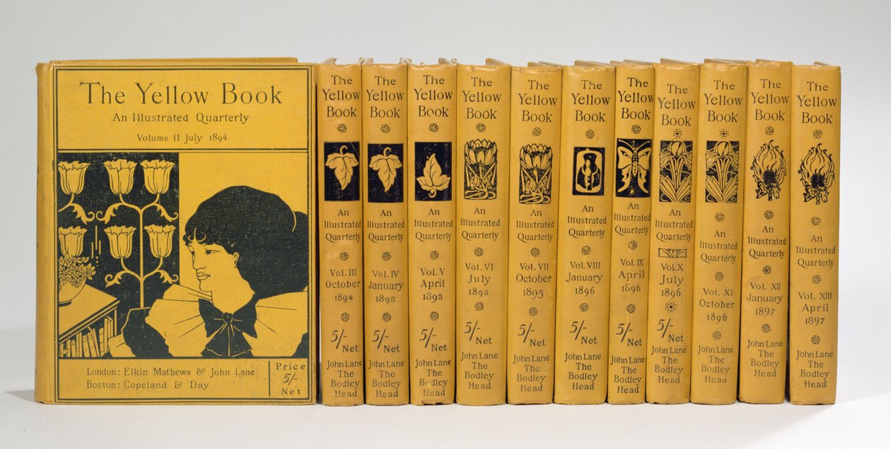 Návrhy obálky a hřbetu „Žluté knihy“, svazky II-XIII, vydané v letech 1894-97 (viz také 29069) od Aubrey Beardsley