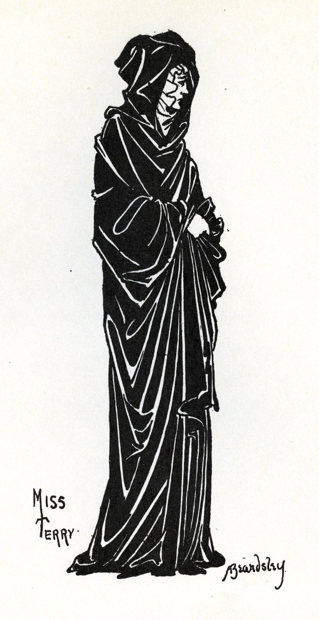 Ellen Terry jako Rosamund de Clifford v inscenaci v divadle Lyceum v Londýně poetického dramatu „Becket“ od Tennysona, 1893 od Aubrey Beardsley