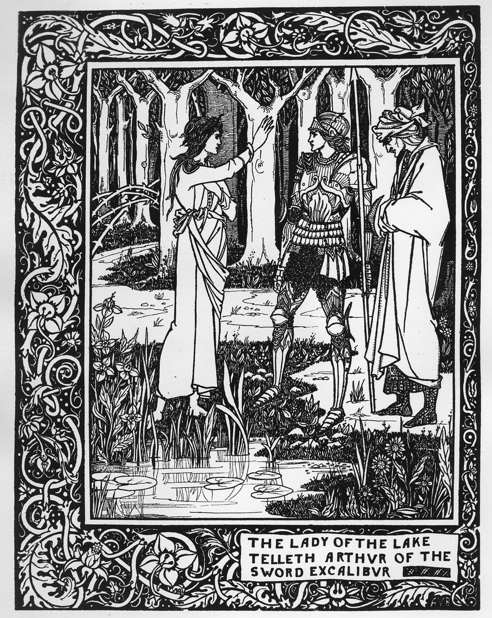 Paní jezera vypráví Artušovi o meči Excalibur, ilustrace z „Le Morte d