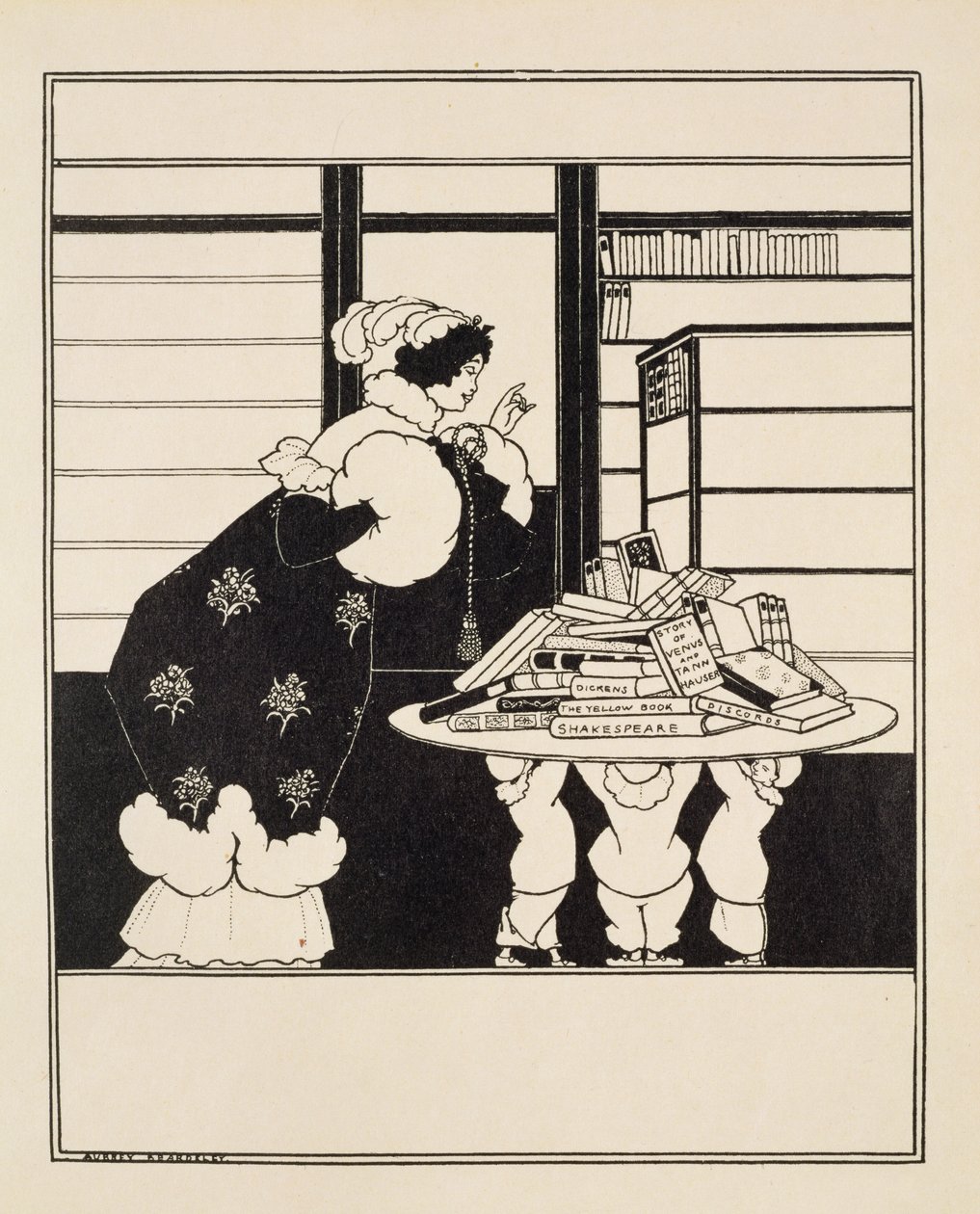 Žena v knihkupectví, návrh obálky „Žluté knihy“ (nepoužité) kolem roku 1894-5 od Aubrey Beardsley