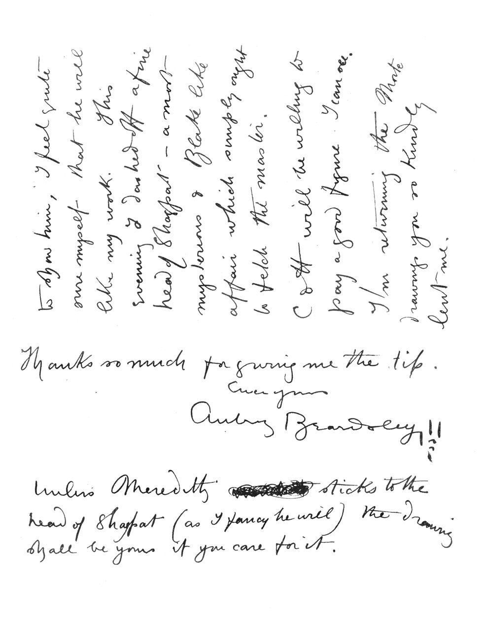 2. strana autogramového dopisu Fredericku Evansovi, kolem roku 1893 od Aubrey Beardsley