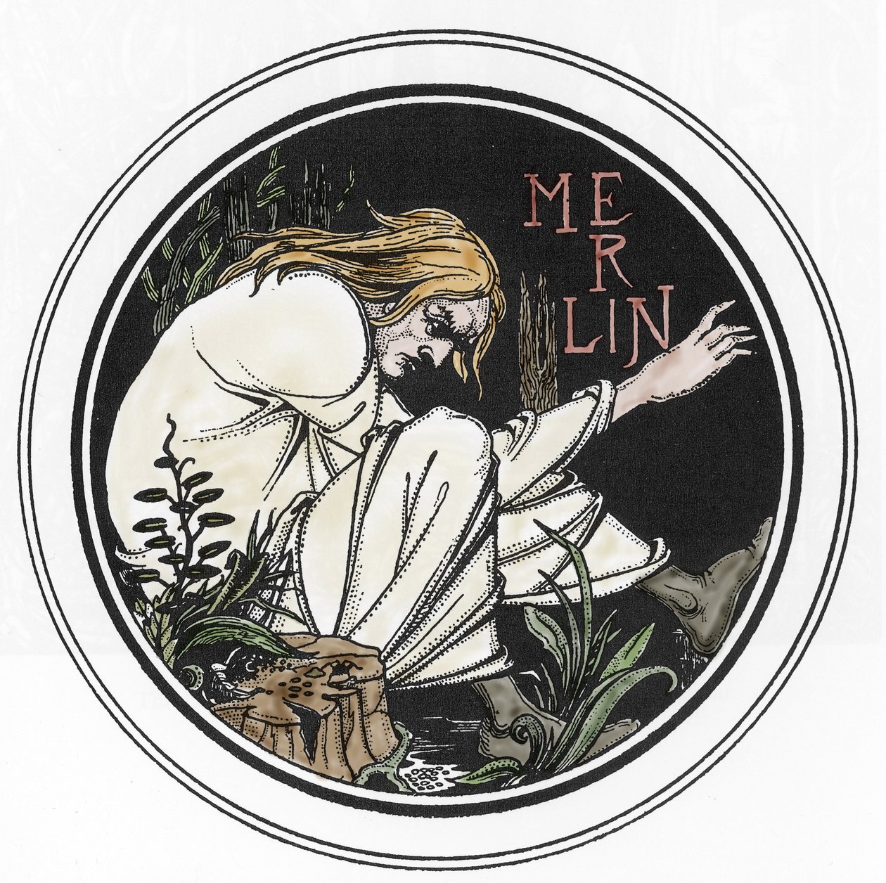 Artušovská legenda: „Merlin the Enchanter““ Rytina do „The Morte of Arthur“ od Sira Thomase Maloryho, vydání ilustrované Aubrey Beardsley (1872-1898) 1893-1894 (Arthurianská legenda: merlin the wizard, ilustrace Aubrey Beardssley v 